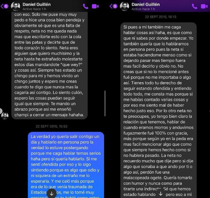 Mensaje de Daniel Guillén admitiendo sus acciones abusivas y su promesa vacía de cambio.